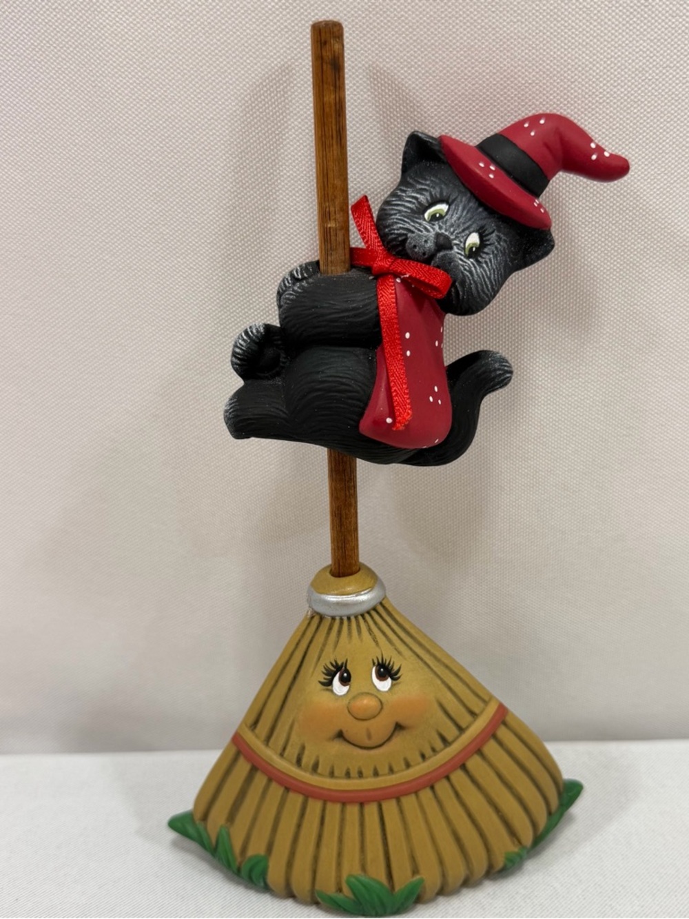Vintage Ceramic Anthropomorphic Broom  Figurine With Black Cat Riding Witch Hat